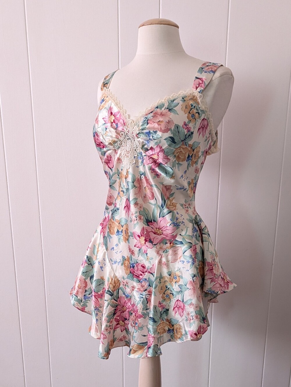 Vintage Floral Basque Waist Lace Trimmed Slip Mini Dress By Circa 2000 Size L